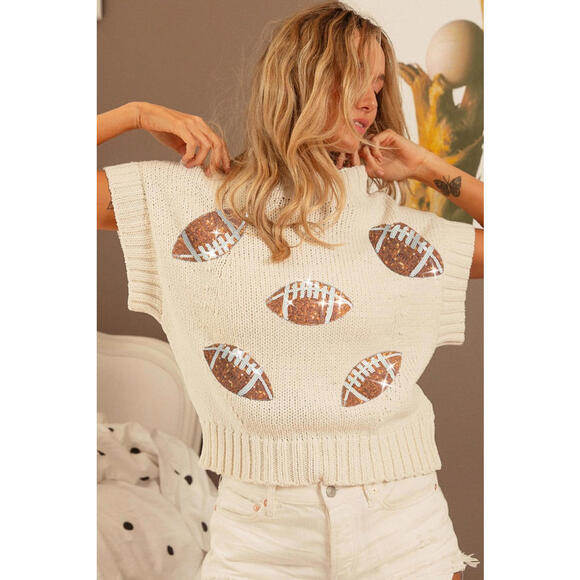 Bibi Womens Size XL Cream Sequin Football Patches Rib Banded Top NWT - Picture 1 of 2